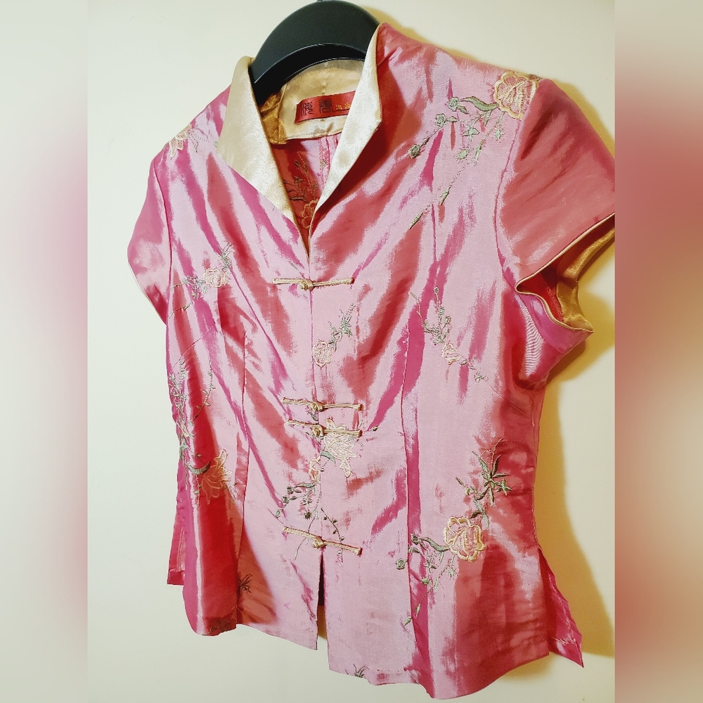 Vintage Pink Cheongsam Junior's Blouse Size XLarge PTP- 16.5"